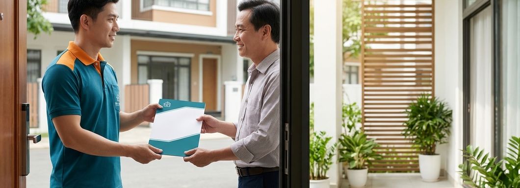 Thợ trao phiếu bảo hành cho khách hàng sau khi hoàn thành công việc