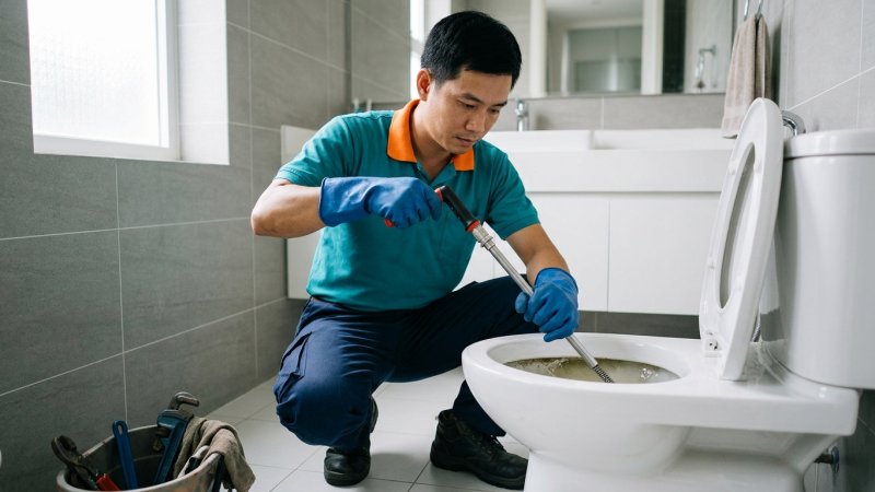 Xử lý bồn cầu bị nghẹt bằng dụng cụ thông tắc chuyên dụng