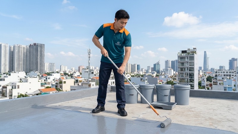 Thợ chống thấm sân thượng bằng lớp phủ chống thấm
