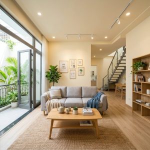 Phòng khách nhà phố sau cải tạo, sơn mới và lát sàn gỗ