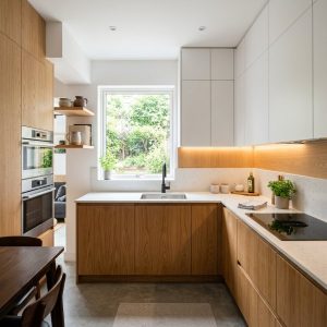 Tủ bếp gỗ hoàn thiện trong căn hộ hiện đại