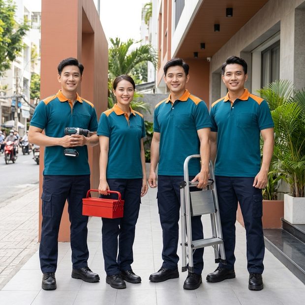 Đội thợ Thợ Sửa Nhà mặc đồng phục đứng trước một căn nhà phố tại TP.HCM