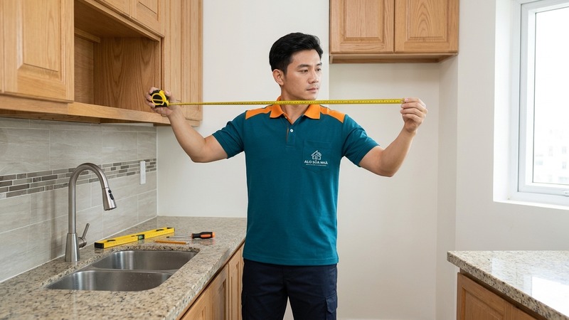 Thợ mộc lắp đặt tủ bếp gỗ đóng theo yêu cầu