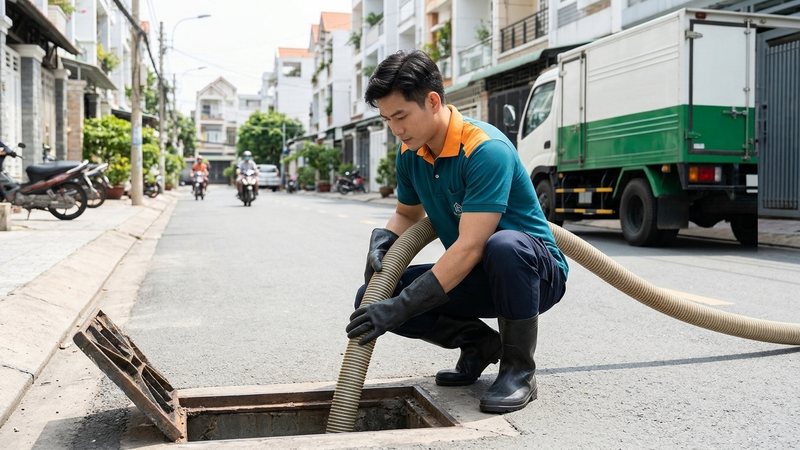 Thợ hút hầm cầu bằng vòi hút chuyên dụng, làm việc sạch sẽ