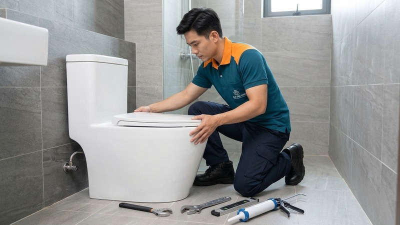Thợ lắp đặt bồn cầu và lavabo trong phòng tắm mới
