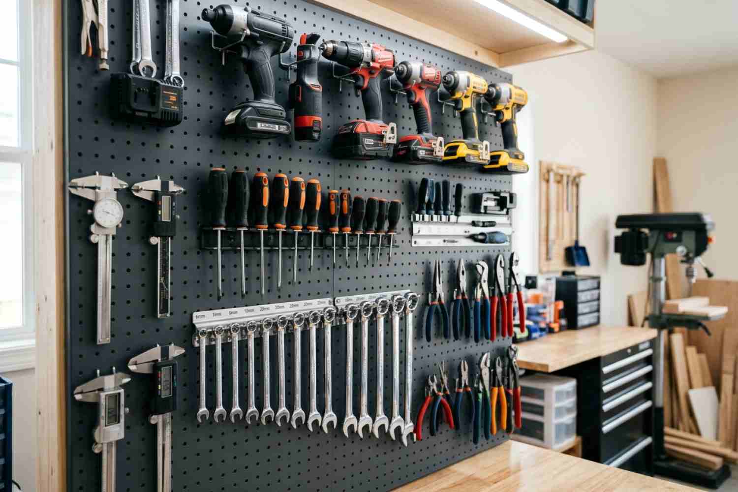 Nền minh họa xưởng dụng cụ sửa chữa gọn gàng