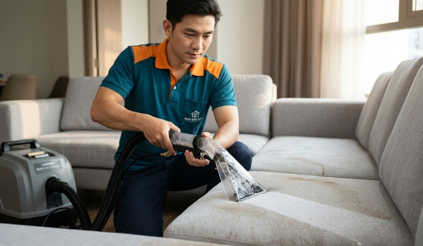 Nhân viên giặt ghế sofa vải tại nhà bằng máy hút giặt chuyên dụng