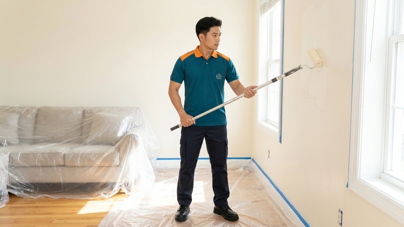 Thợ sơn tường nhà bằng con lăn, che chắn đồ đạc gọn gàng