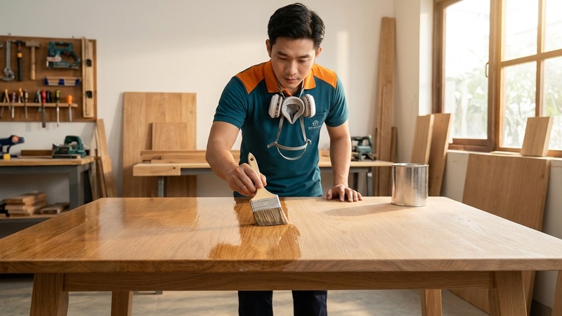 Thợ sơn PU phục hồi mặt bàn gỗ tại nhà