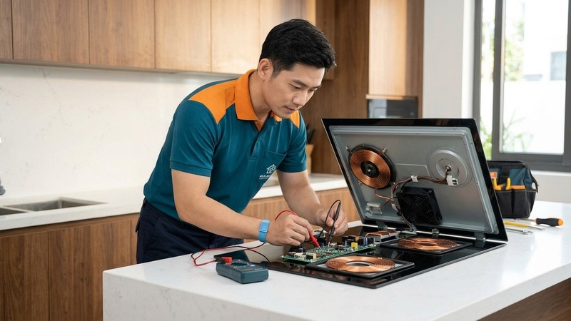 Thợ sửa bếp từ tại nhà, đo kiểm tra bo mạch bếp