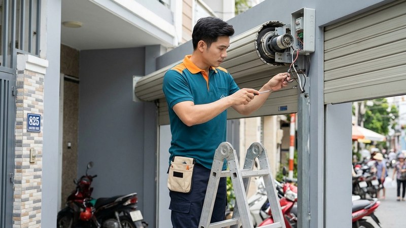 Thợ sửa cửa cuốn, kiểm tra mô tơ và ray cửa nhà phố