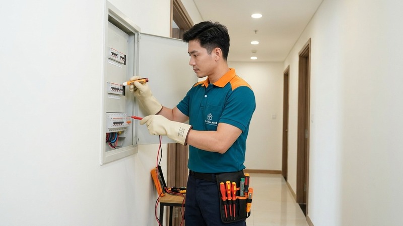 Thợ điện kiểm tra tủ điện và CB tại nhà, mang găng tay cách điện