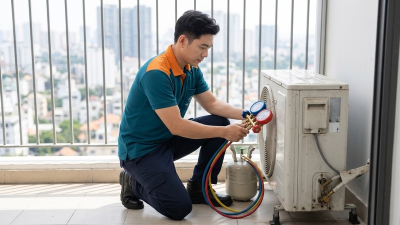 Thợ điện lạnh đo áp suất gas và sửa máy lạnh tại nhà