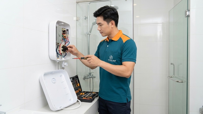 Thợ sửa máy nước nóng treo tường trong phòng tắm