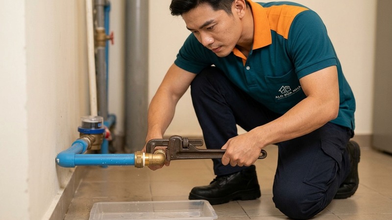 Thợ sửa ống nước rò rỉ tại nhà bằng dụng cụ chuyên dụng