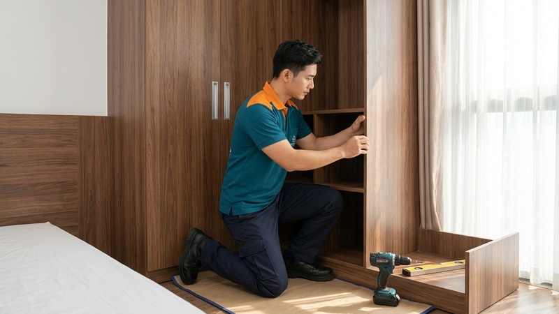 Thợ mộc thi công nội thất gỗ, lắp tủ áo âm tường