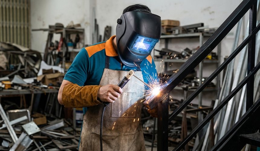 Thợ cơ khí hàn lan can sắt, đeo mặt nạ và găng tay bảo hộ