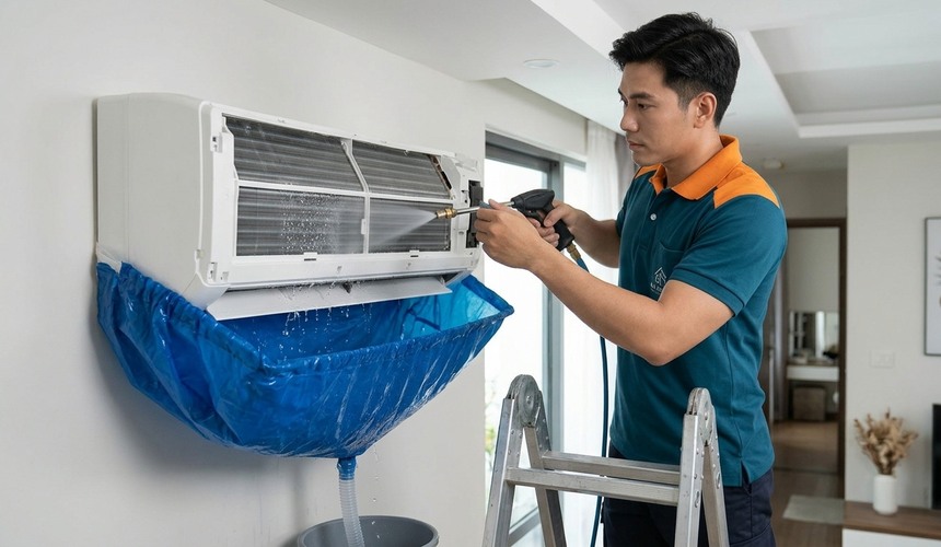 Thợ điện lạnh vệ sinh máy lạnh treo tường bằng túi hứng nước