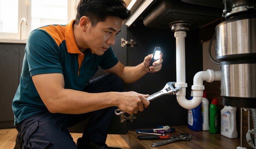 Thợ điện nước sửa ống nước rò rỉ dưới bồn rửa chén