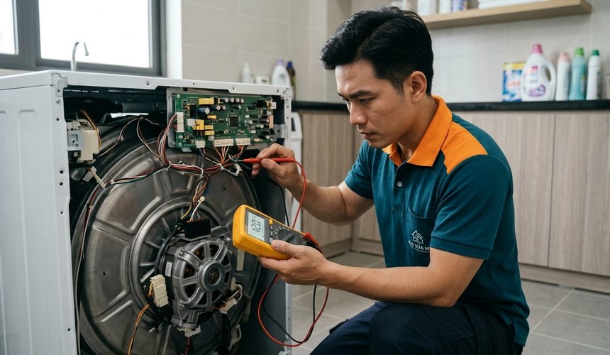 Thợ sửa máy giặt cửa trước tại nhà, kiểm tra bo mạch