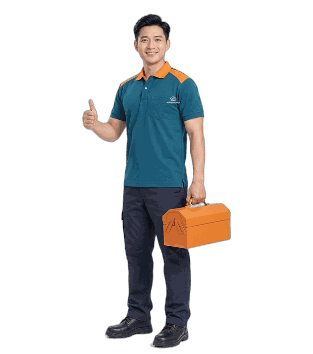 Thợ Sửa Nhà mặc đồng phục xanh cầm hộp đồ nghề, sẵn sàng sửa chữa nhà tại TP.HCM