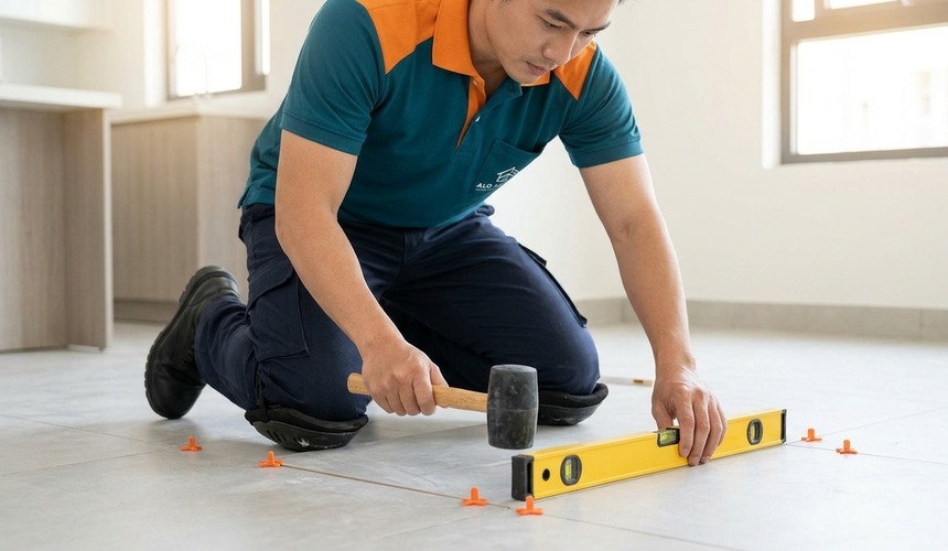 Thợ xây dựng ốp lát gạch nền cẩn thận bằng ke và thước thủy
