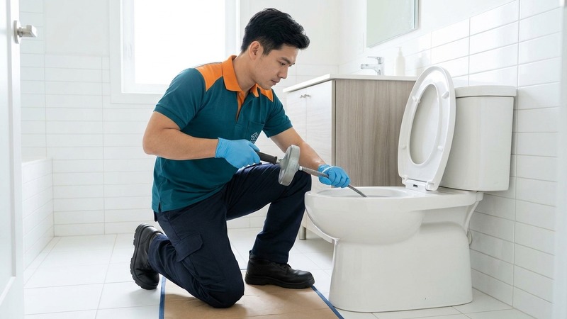 Thợ thông tắc bồn cầu bằng dụng cụ chuyên dụng