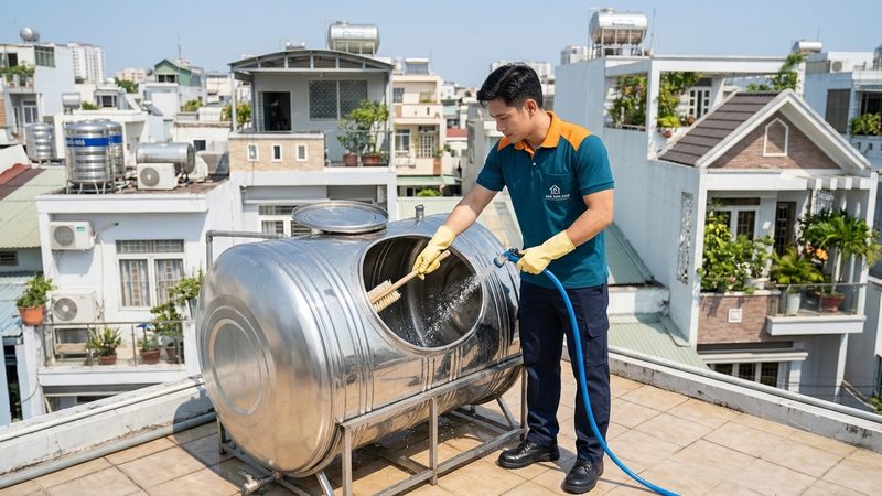 Thợ vệ sinh bồn nước inox trên sân thượng