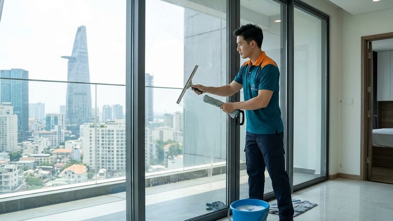Nhân viên lau kính cửa sổ nhà phố sạch bóng