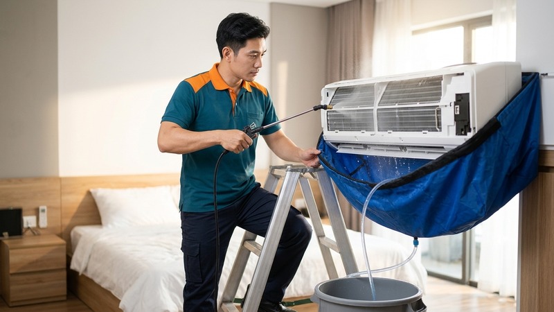 Thợ vệ sinh máy lạnh treo tường bằng túi hứng nước