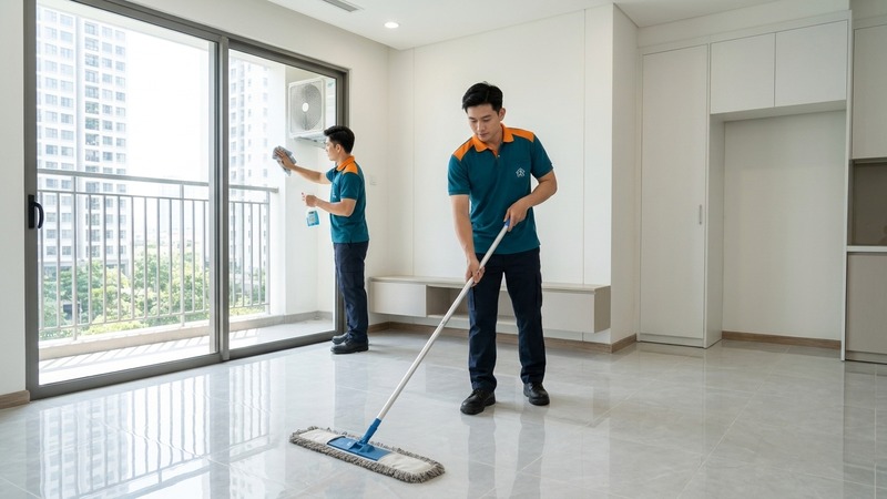 Nhân viên vệ sinh nhà sau xây dựng, lau sàn và kính