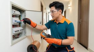 Thợ điện kiểm tra CB nhảy và chập điện trong nhà an toàn